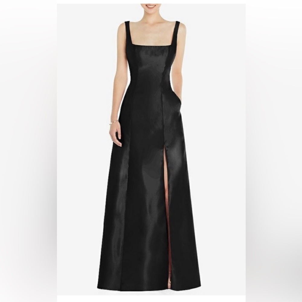 NWT Alfred Sung Square Neck Satin A-Line Gown Long Dress Black Size 4